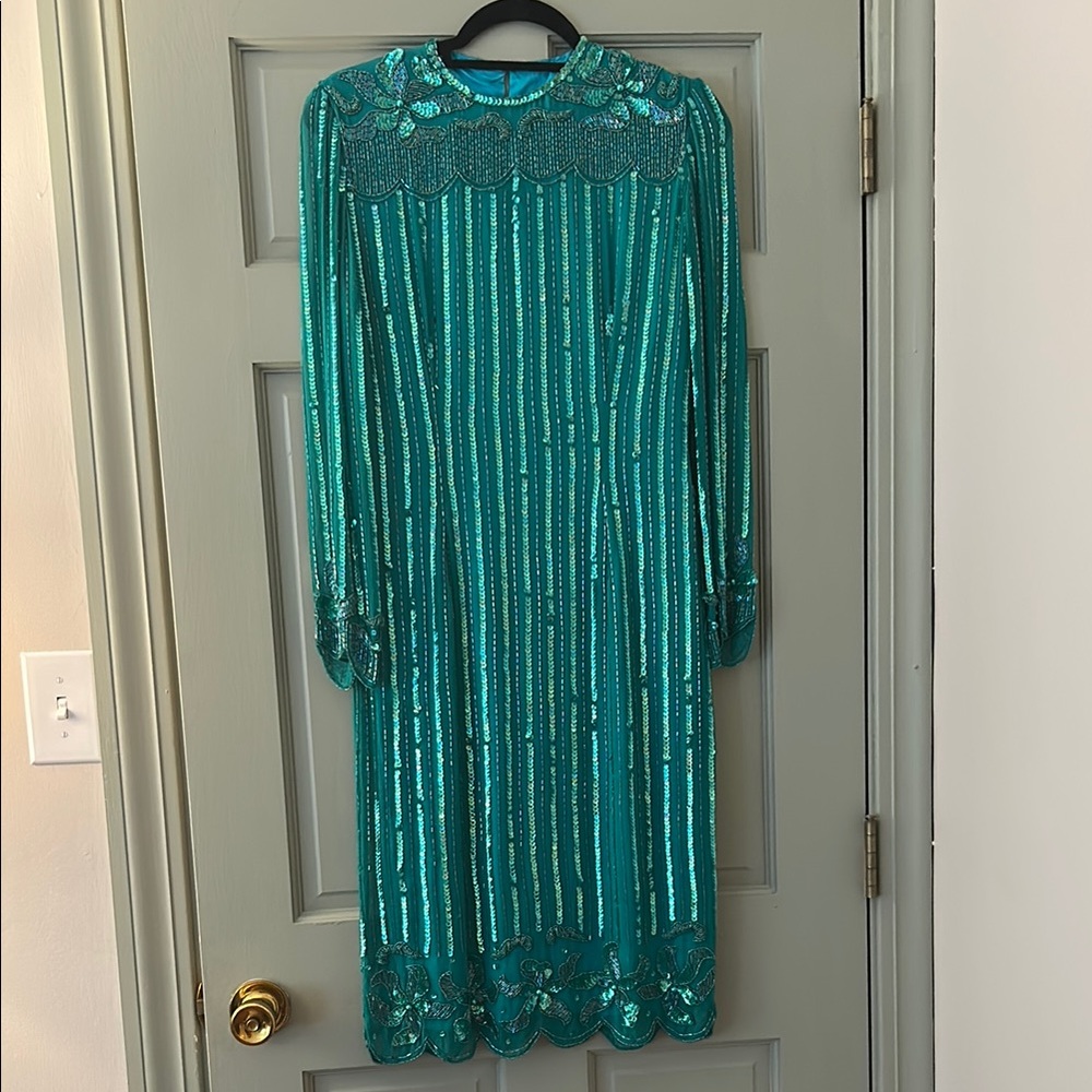 Vintage Teal Sequin Long Sleeve Dress